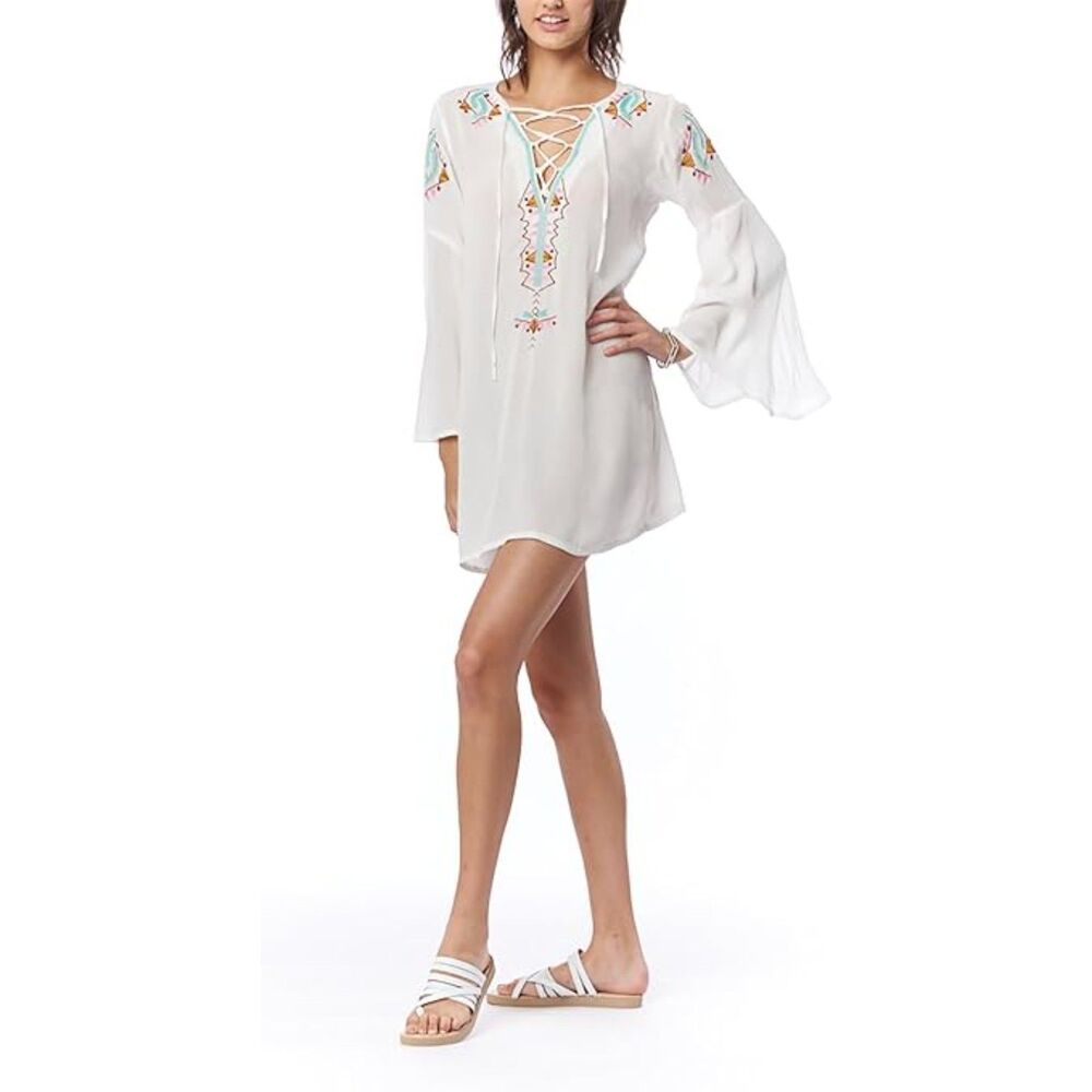 Lagaci NWT Cover Up Long Bell Sleeve Tunic Beach Dress White Embroidered Boho L